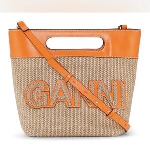Ganni Kraft Small Tote Raffia in Vibrant Orange